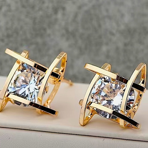 Gold Caged Zircon 3D Stud Geometric Earrings - Picture 3 of 3